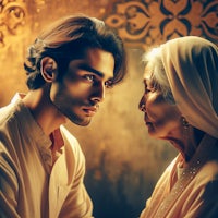 a man and an old woman looking at each other