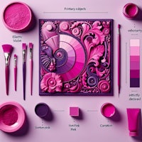 a pink color palette with brushes, paints, and brushes