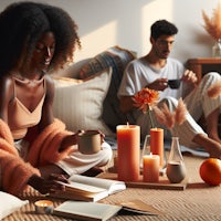 a man and a woman sitting on a bed