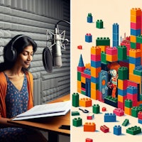 a woman is reading a book with lego blocks in front of her