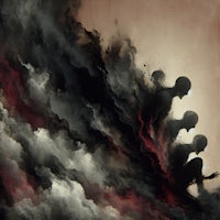 a painting of a group of people sitting on a cloud